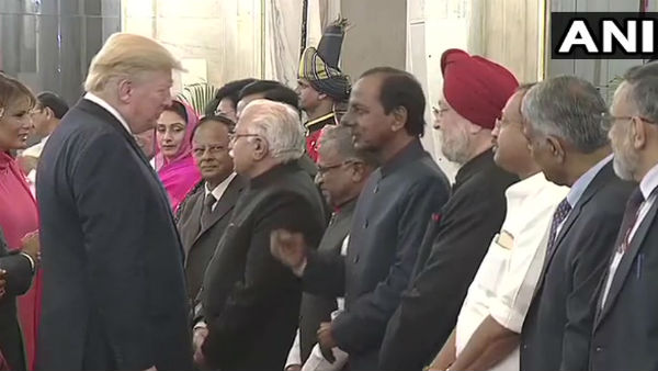 telangana cm kcr shakes hand with US President Donald Trump and First Lady Melania at Rashtrapati Bhawan telangana cm kcr shakes hand with US President Donald Trump and First Lady Melania at Rashtrapati Bhawan