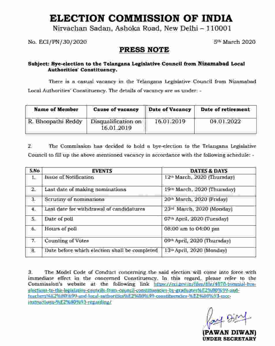  Election commission releases nizamabad mlc bypoll schedule