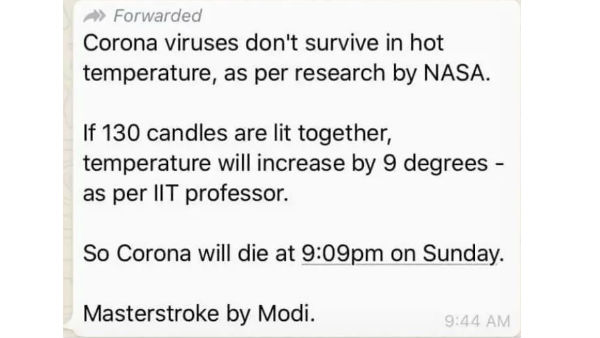Fake news: Lighting diyas on Sunday at 9 pm for 9 minutes will not kill coronavirus