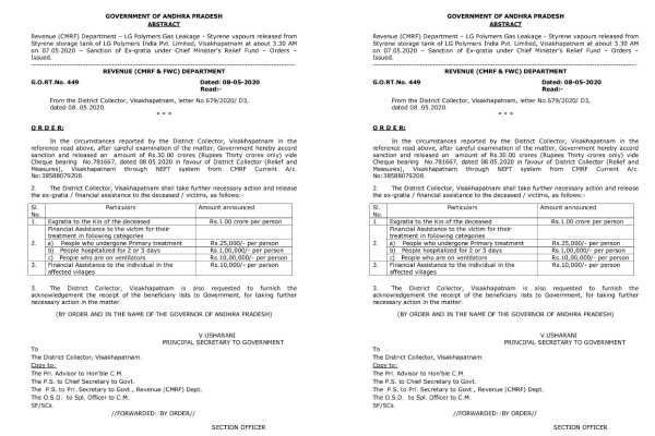 AP government releases Rs 30 crore compensation to Vishakha gas leak victims AP government releases Rs 30 crore compensation to Vishakha gas leak victims
