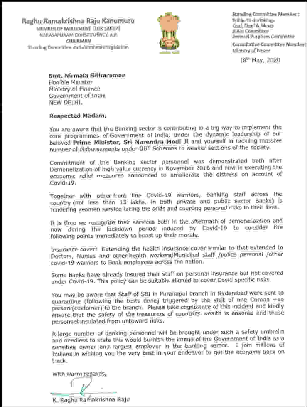 YSRCP MP Raghurama Krishnamraju writes to FM Nirmala Sitharaman 