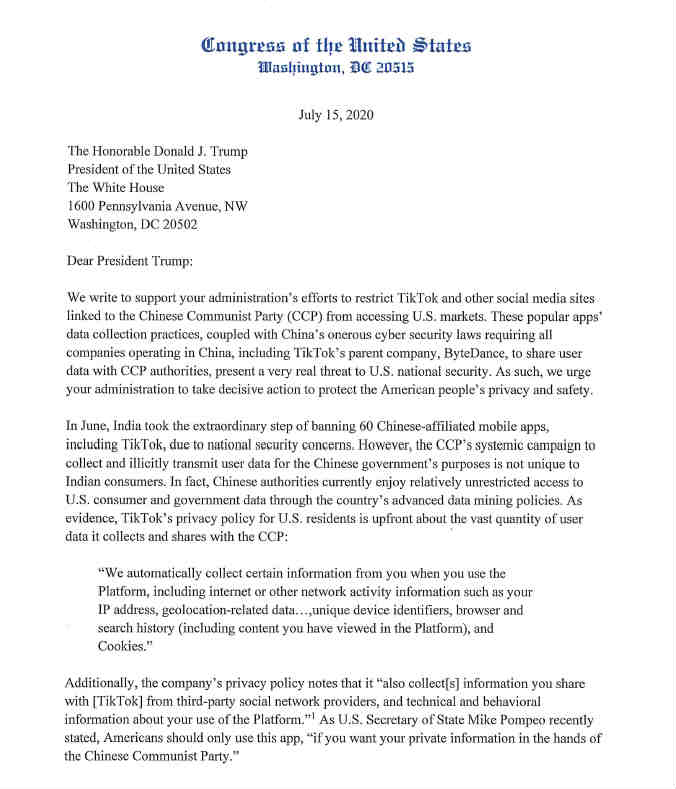 US Congress writes to Trump urge to take strong action to stop CCPs espionage campaign US Congress writes to Trump urge to take strong action to stop CCPs espionage campaign