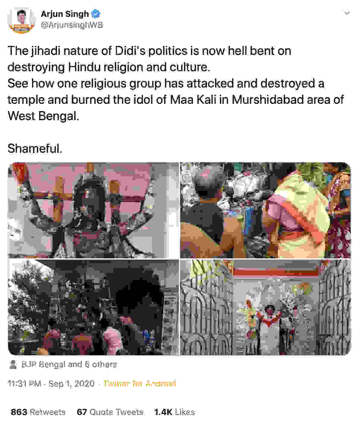 Fact Check: Burnt Kali idol photo goes viral, BJP MP Arjun Singh tweets