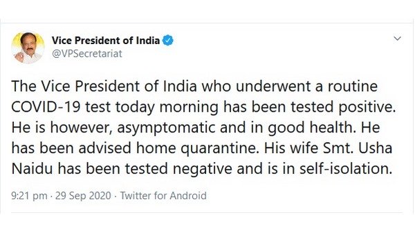 Vice President Venkaiah Naidu tests positive for COVID-19