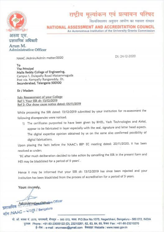 mallareddy engineering college into black list by naac