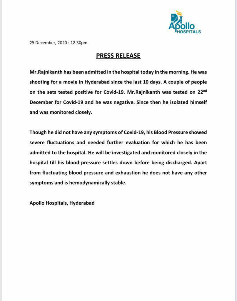 superstar rajinikanth illness, joined apollo hospital