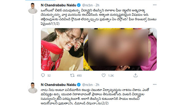 chandrababu naidu expressed his grief over btech student tejaswini suicide