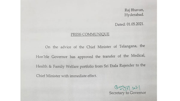 Governor decision: Health Ministry transformed to CM KCR from Etala Rajender