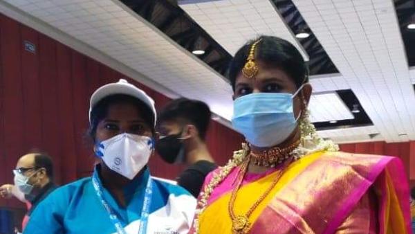 A bride gets Covid19 vaccine in a wedding gown at Hytex in Hyderabad during mega vaccination A bride gets Covid19 vaccine in a wedding gown at Hytex in Hyderabad during mega vaccination