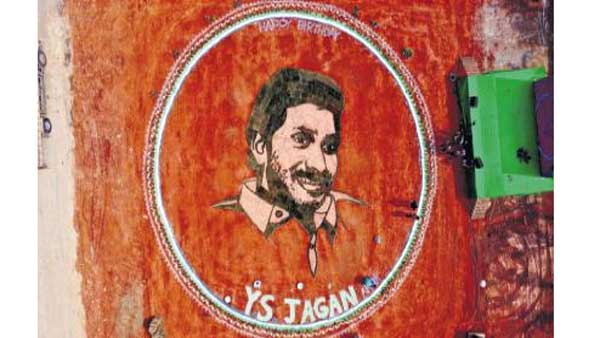 సేంద్రీయ సాగు కళ ద్వారా గడ్డిని ఉపయోగించి నేల పైన సీఎం జగన్ ముఖ చిత్రం