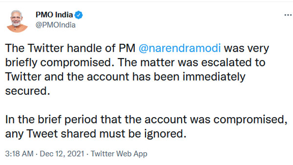 Prime Minister Narendra Modi’s personal Twitter account was hacked, his office said Prime Minister Narendra Modi’s personal Twitter account was hacked, his office said