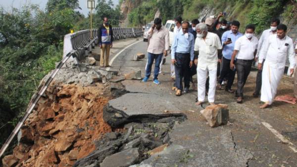 TTD Chairman YV Subba Reddy inspects the Tirumala Ghat road after damage due to landslide