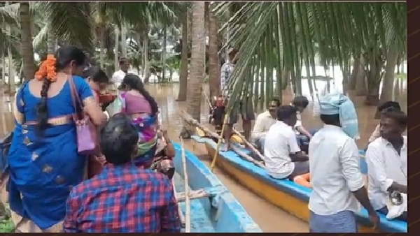  వధువు పడవలో వరుడి ఇంటికి ప్రయాణం ..పట్టు చీర, ఆభరణాలతో ముస్తాబు 