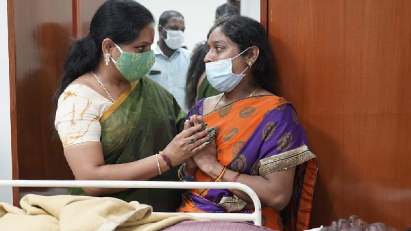 MLC Kavitha console the workers who lost their vision in bhupalpally coal mine blasting MLC Kavitha console the workers who lost their vision in bhupalpally coal mine blasting