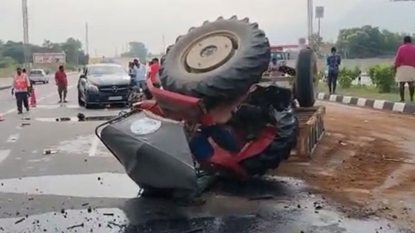 Tractor brokes into two pieces after collide with a Benz car near Tirupati 