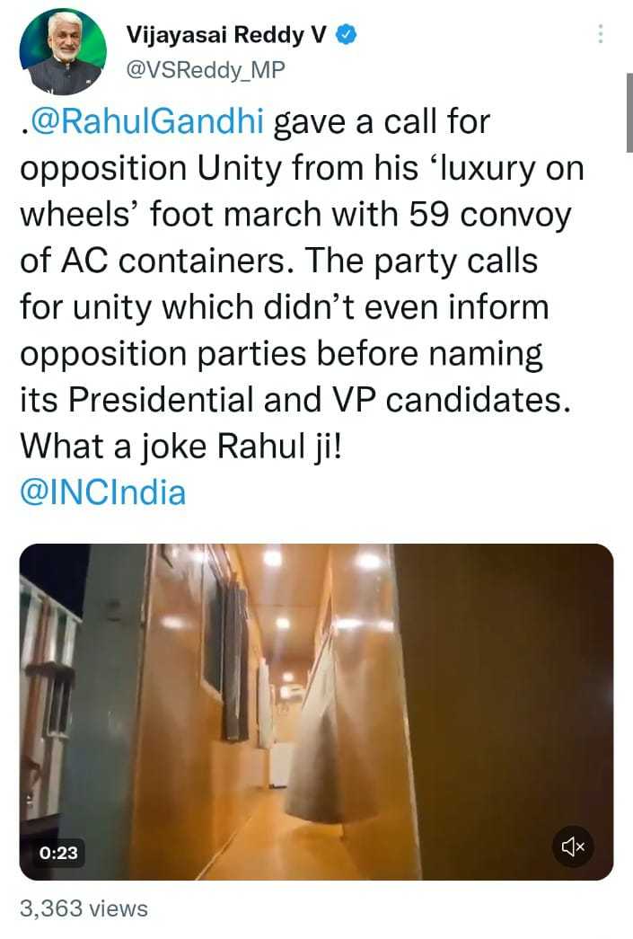 ysrcp mp vijayasai reddy mocks rahul gandhis bharat jodo yatra with luxurious containers