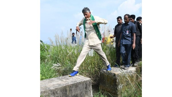 TDP Cheif Chandra Babu jumps on canal barrears in Palanadu area became Viral in social media
