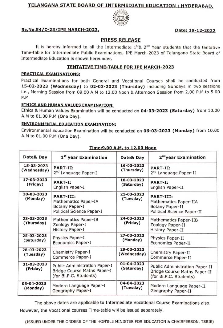  The Telangana Intermediate exams will be held from March 15 to April 4 next year.