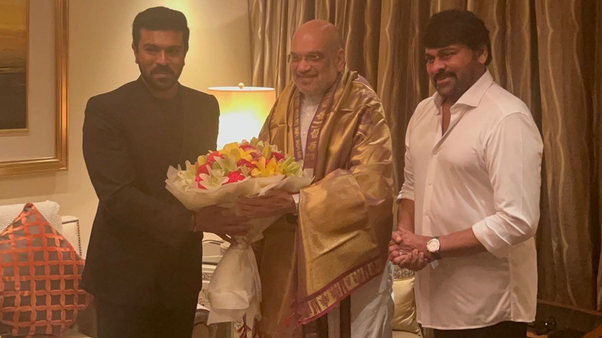 MoH Amit Shah met Megastar Chiranjeevi and his Son, RRR actor Ram Charan in Delhi MoH Amit Shah met Megastar Chiranjeevi and his Son, RRR actor Ram Charan in Delhi