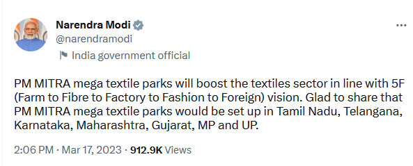 PM Modi announced Mega Textile Park to telangana to support textile sector