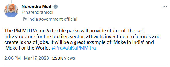 PM Modi announced Mega Textile Park to telangana to support textile sector