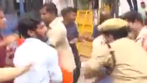 Bajrang Dal activists stage protest at Telangana Bajrang Dal activists stage protest at Telangana