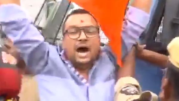 Bajrang Dal activists stage protest at Telangana Bajrang Dal activists stage protest at Telangana