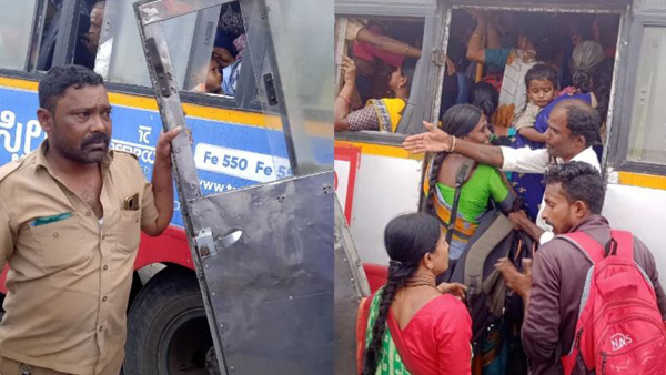 KSRTC bus passengers broke the door of a bus as it was overcrowded