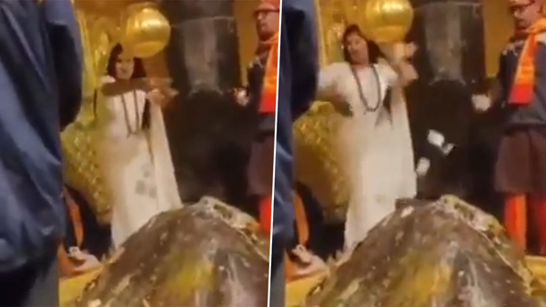 woman threw notes on Shiva Lingam in Kedarnath woman threw notes on Shiva Lingam in Kedarnath