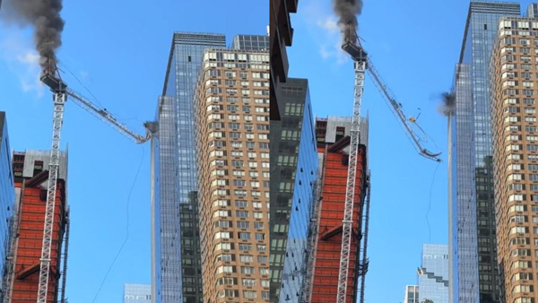 Watch: A crane on a high rise building caught fire and collapsed at Hells Kitchen in New York