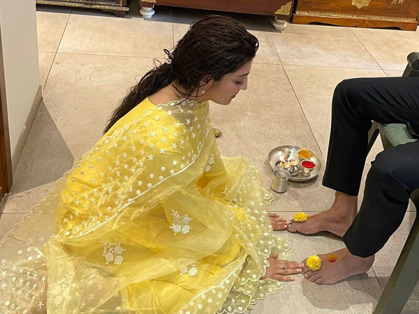 Pranita Subhash offering puja at her husbands Feet on the occasion of Bhimana Amavasya Pranita Subhash offering puja at her husbands Feet on the occasion of Bhimana Amavasya