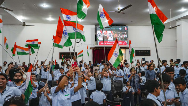 People, students, HAL, IT employees celebrating the success of Chandrayaan 3 in Bengaluru
