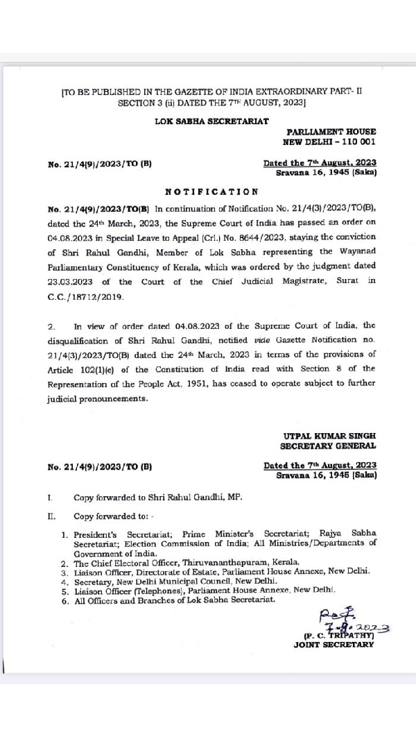 rahul gandhi is reinstated as loksabha mp again-LS secretariat orders