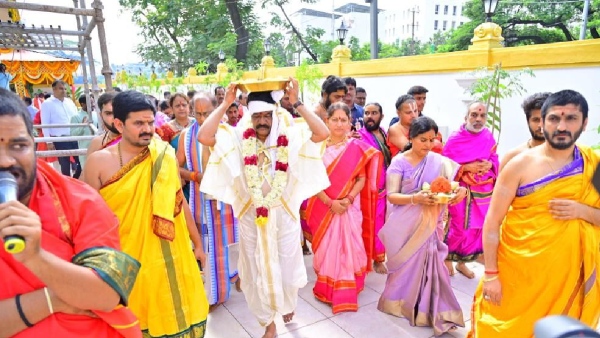 Vedic mantras along with political reviews. Spiritual beauty in Telangana Secretariat.