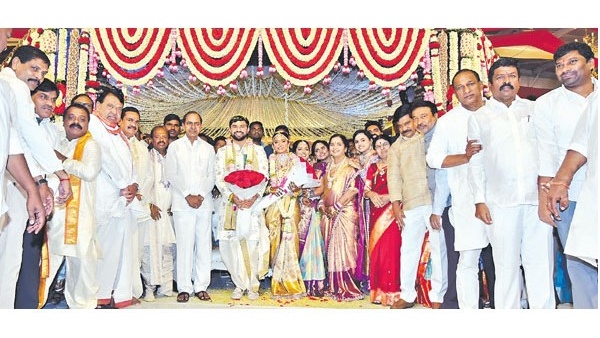 CM KCR attended MLA Gampa Govardhan sons wedding event held in hyderabad.