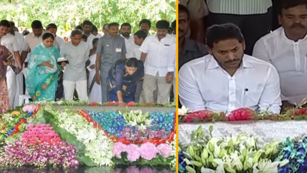 CM YS Jagan pays triubutes ot his father YSR at Idupulaya along with family members
