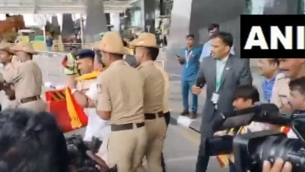 Leaders of Kannada Sanghas protested by entering Bangalore Airport with flight tickets in Bengaluru.