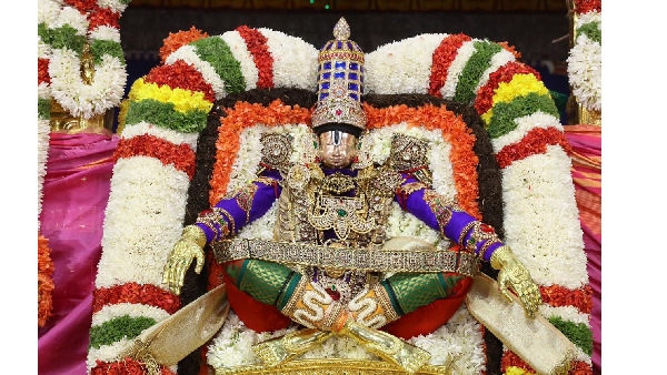Sri Malayappaswamy in decoration of Yoganarasimhu on lion vehicle in Tirumala.