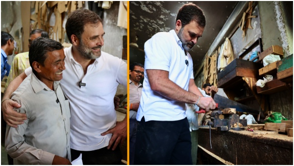 Rahul Gandhi interacts with carpenters at Kirti Nagar in Delhi