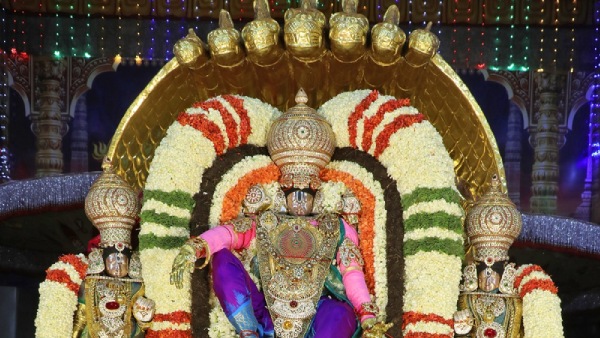 Huge number of devotees witnessed the procession of Sri Vaikunthanadha on China Sesha Vahanam in Brahmotsavams