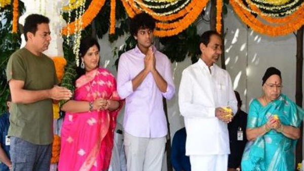 Vijaya dashami celebrations in Pragathi Bhavan; CM KCR and his family performs pujas Vijaya dashami celebrations in Pragathi Bhavan; CM KCR and his family performs pujas