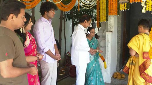 Vijaya dashami celebrations in Pragathi Bhavan; CM KCR and his family performs pujas Vijaya dashami celebrations in Pragathi Bhavan; CM KCR and his family performs pujas