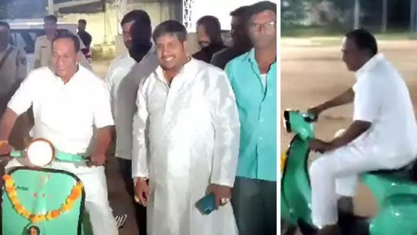 Minister Mallareddy halchal on his old scooter which is used for his milk business Minister Mallareddy halchal on his old scooter which is used for his milk business