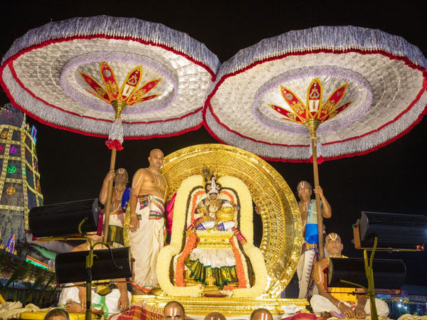 Srimalayappaswamy in the decoration of Navaneeta Krishna on Chandraprabha Vahanam in Tirumala 
