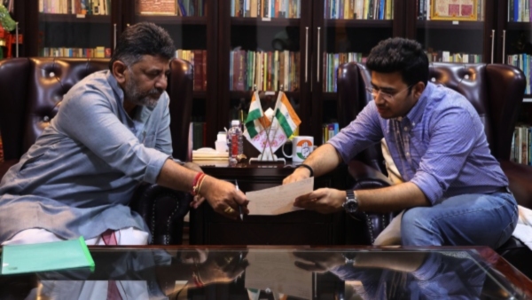 Bengaluru BJP MP Tejaswi Surya meeting with Karnataka DCM DK Shivakumar Bengaluru BJP MP Tejaswi Surya meeting with Karnataka DCM DK Shivakumar