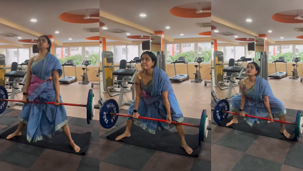 Actress Pragathi Gym Workout In Saree 