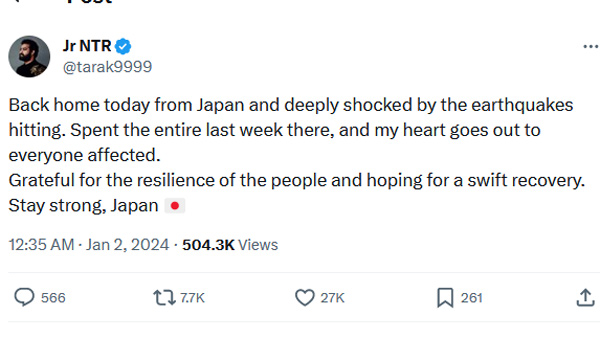 Japan earthquake 2024: Spent the entire last week there, says Jr NTR