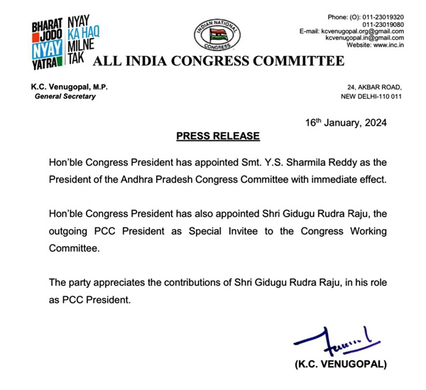 YS Sharmila has been appointed as the Chief of Andhra PCC