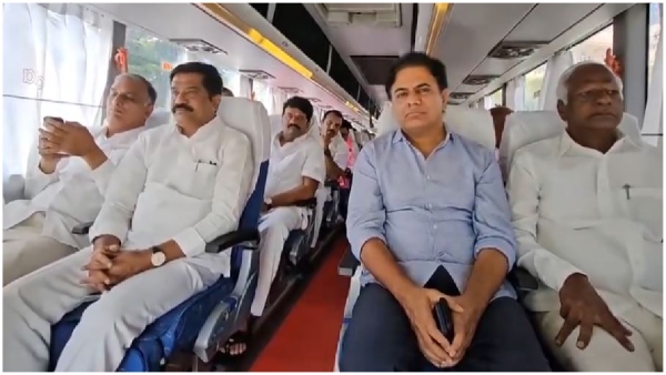 KTR and other BRS leaders head to Chalo Nalgonda public meeting by bus
