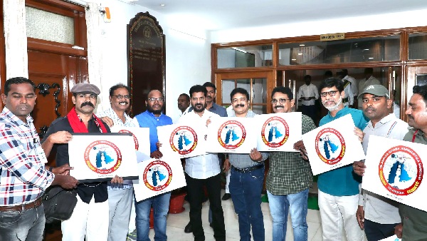 CM Revanth Reddy launches telangana journalist union logo.